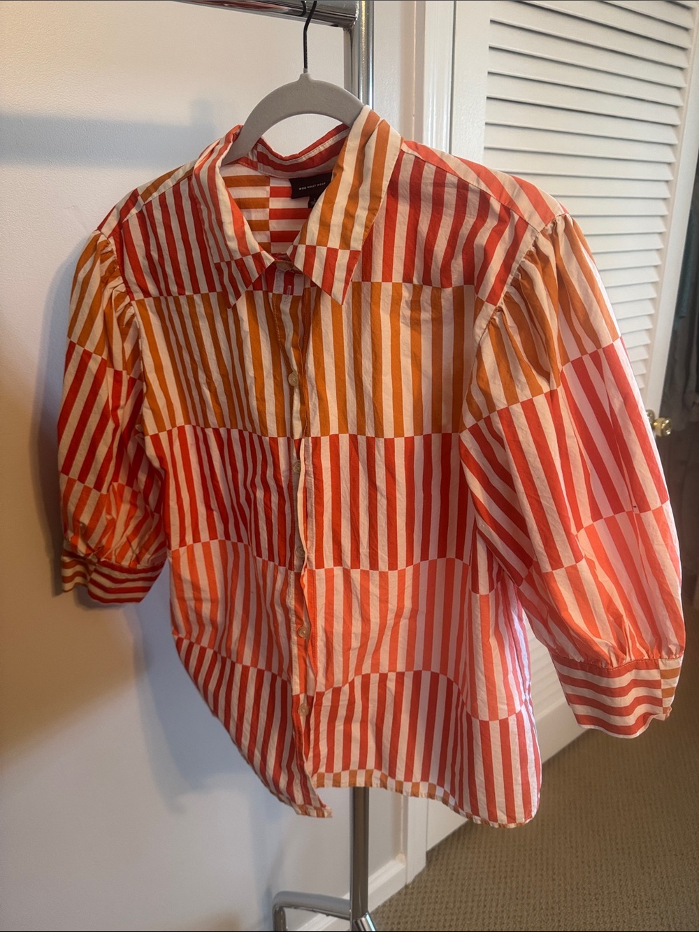 Who What Wear Red and Orange Striped Button-Up Blouse